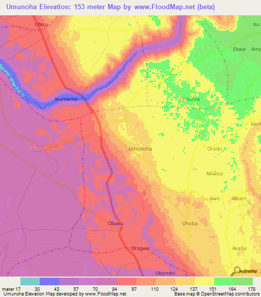 Umunoha,Nigeria Elevation Map