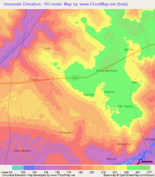 Umunede,Nigeria Elevation Map