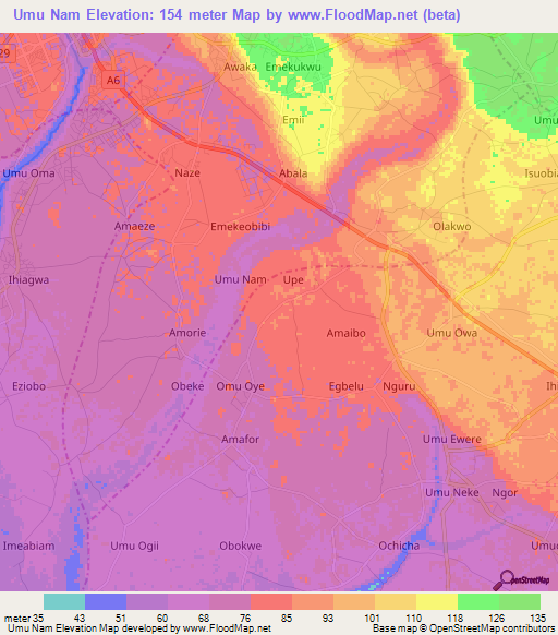 Umu Nam,Nigeria Elevation Map