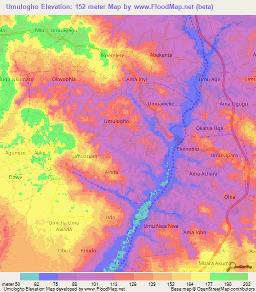 Umulogho,Nigeria Elevation Map