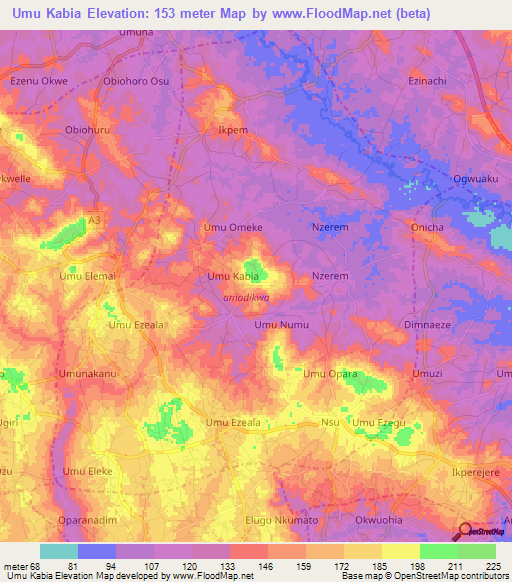 Umu Kabia,Nigeria Elevation Map