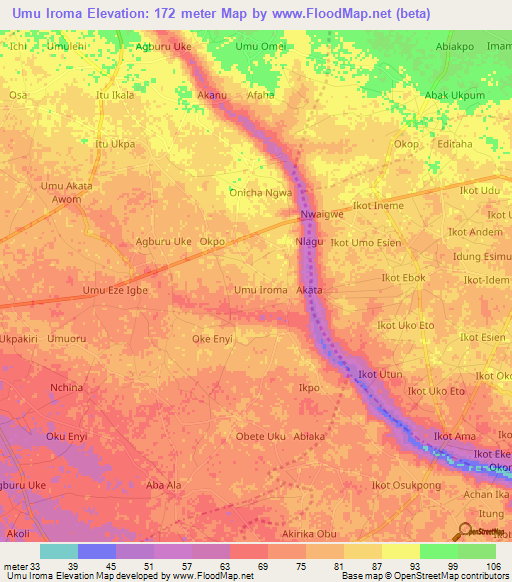 Umu Iroma,Nigeria Elevation Map