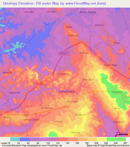 Umuinya,Nigeria Elevation Map