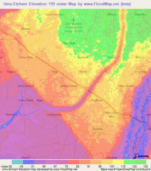 Umu-Etchem,Nigeria Elevation Map