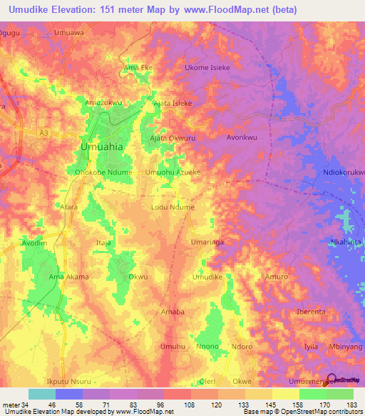 Umudike,Nigeria Elevation Map