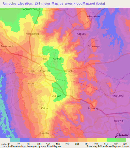 Umuchu,Nigeria Elevation Map