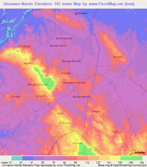 Umuawor-Nando,Nigeria Elevation Map