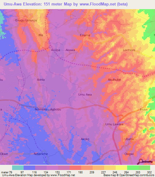 Umu-Awa,Nigeria Elevation Map