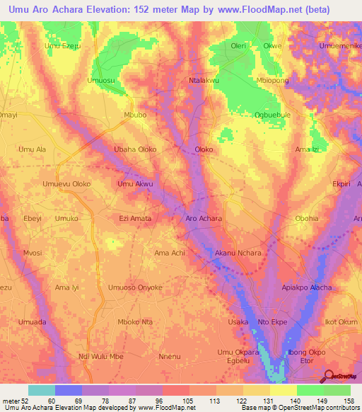 Umu Aro Achara,Nigeria Elevation Map