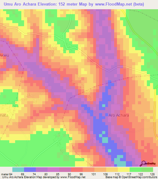 Umu Aro Achara,Nigeria Elevation Map