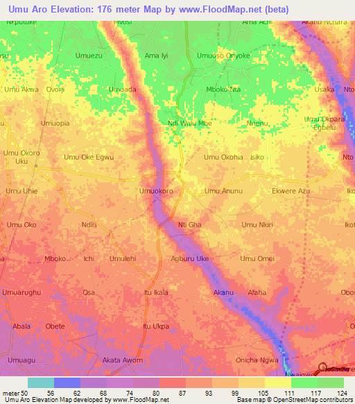 Umu Aro,Nigeria Elevation Map