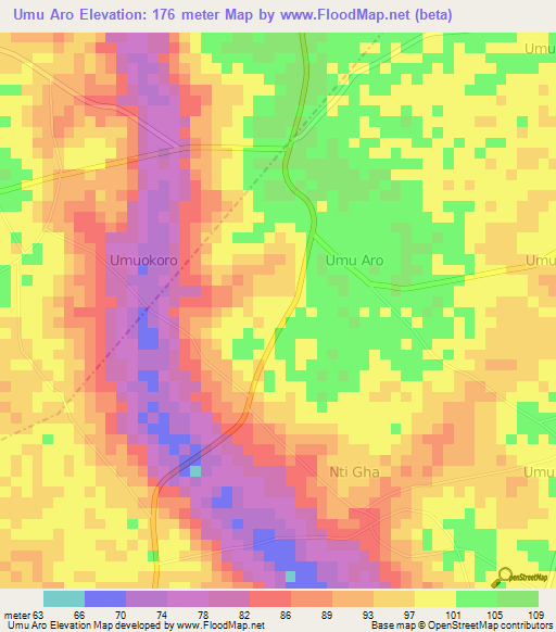 Umu Aro,Nigeria Elevation Map