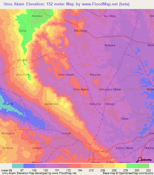 Umu Akam,Nigeria Elevation Map