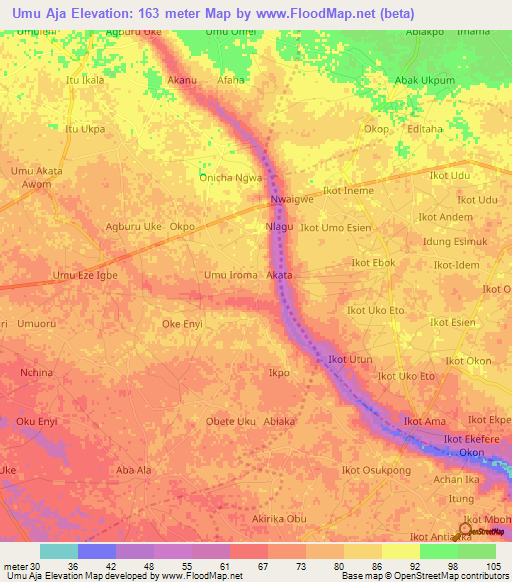 Umu Aja,Nigeria Elevation Map