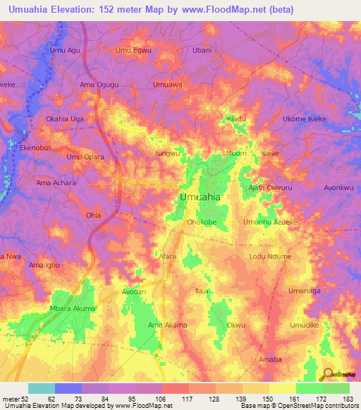 Umuahia,Nigeria Elevation Map