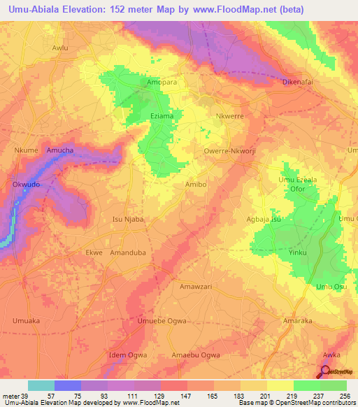 Umu-Abiala,Nigeria Elevation Map