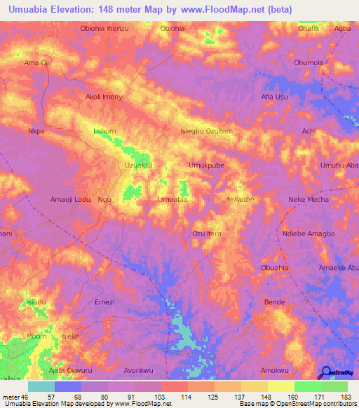 Umuabia,Nigeria Elevation Map