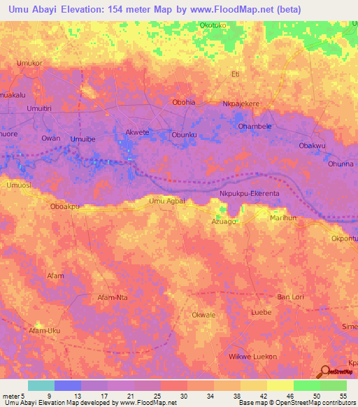 Umu Abayi,Nigeria Elevation Map