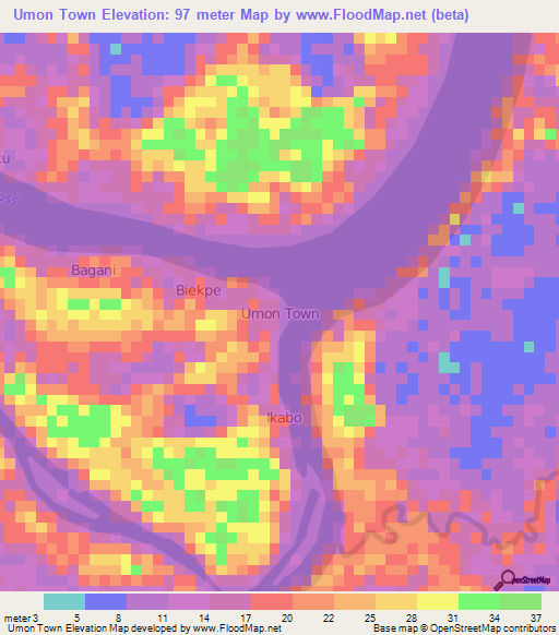 Umon Town,Nigeria Elevation Map