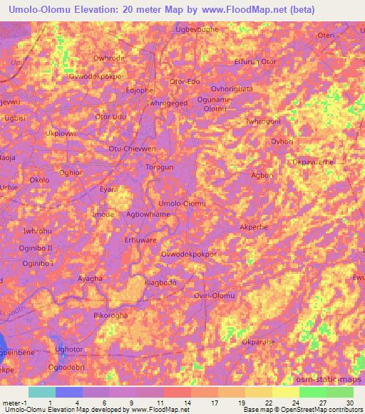 Umolo-Olomu,Nigeria Elevation Map