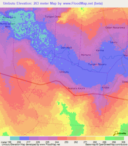 Umbutu,Nigeria Elevation Map