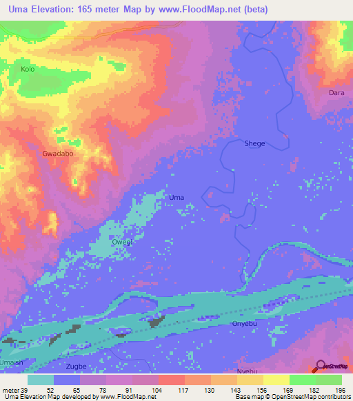 Uma,Nigeria Elevation Map