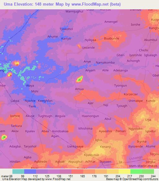 Uma,Nigeria Elevation Map