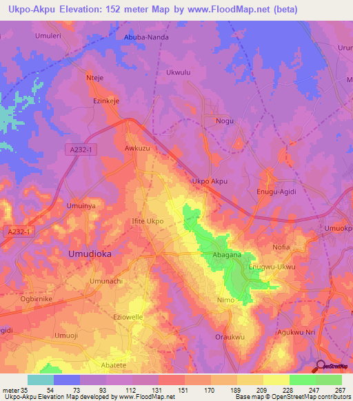 Ukpo-Akpu,Nigeria Elevation Map