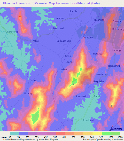 Ukoshie,Nigeria Elevation Map