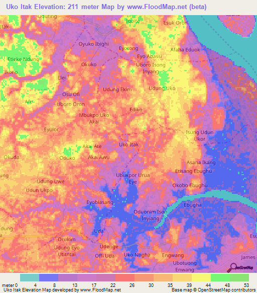 Uko Itak,Nigeria Elevation Map