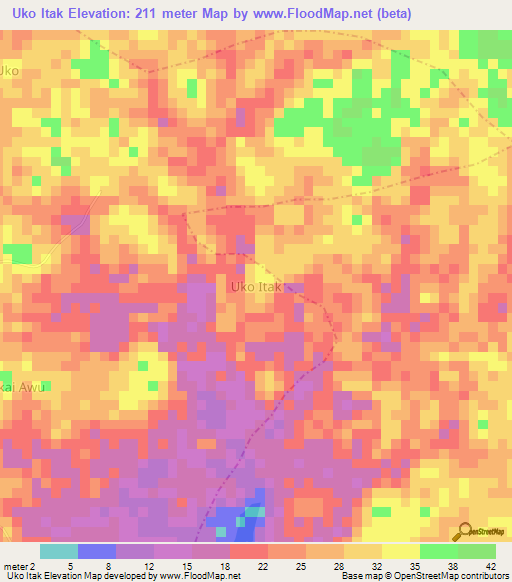 Uko Itak,Nigeria Elevation Map