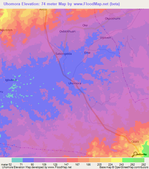 Uhomora,Nigeria Elevation Map