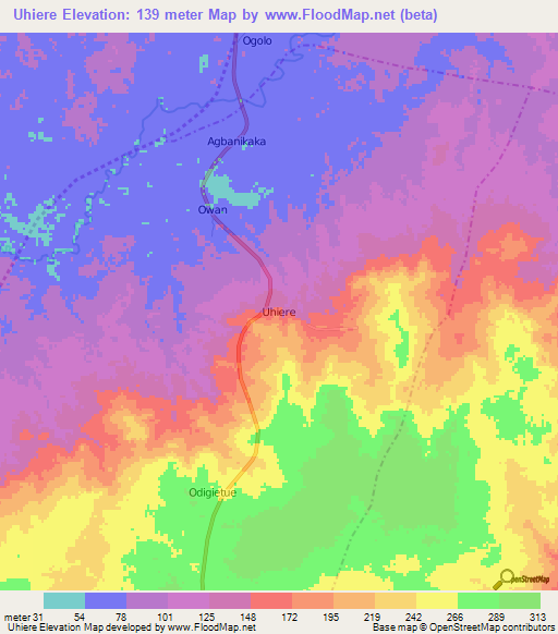 Uhiere,Nigeria Elevation Map