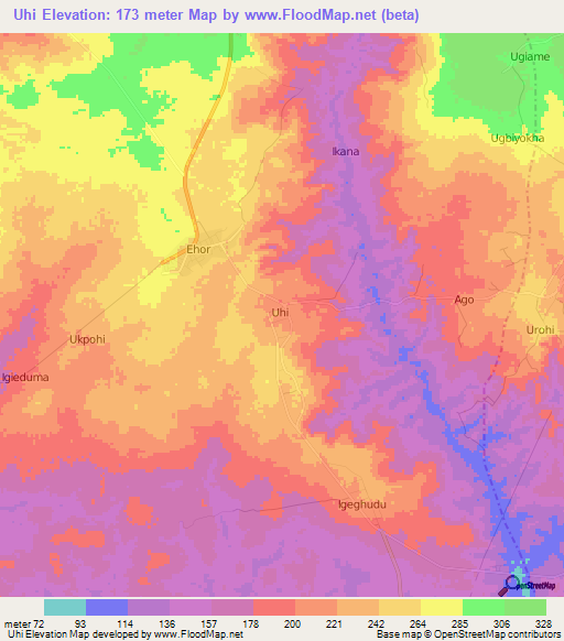 Uhi,Nigeria Elevation Map