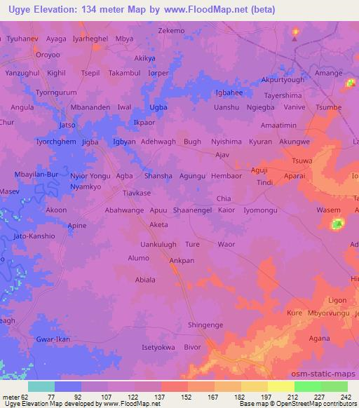 Ugye,Nigeria Elevation Map