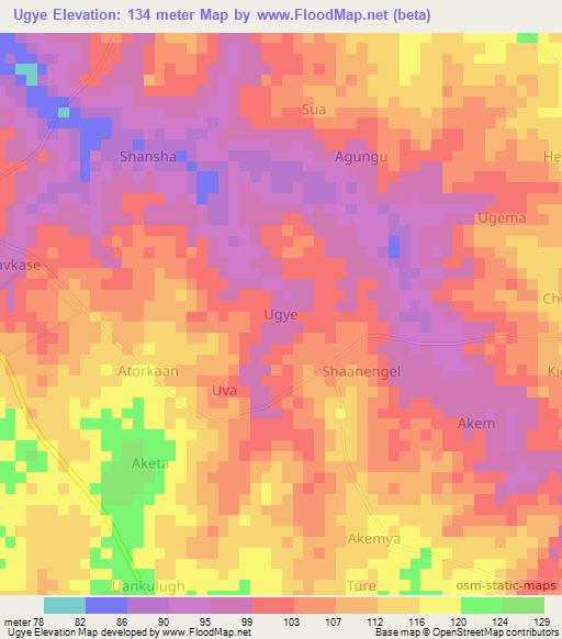 Ugye,Nigeria Elevation Map