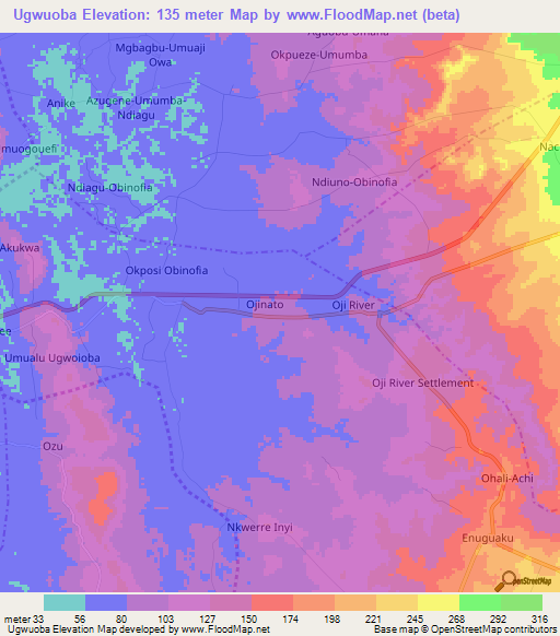 Ugwuoba,Nigeria Elevation Map