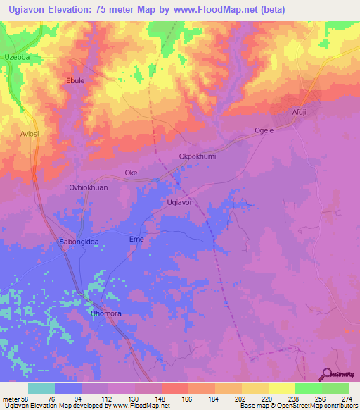 Ugiavon,Nigeria Elevation Map