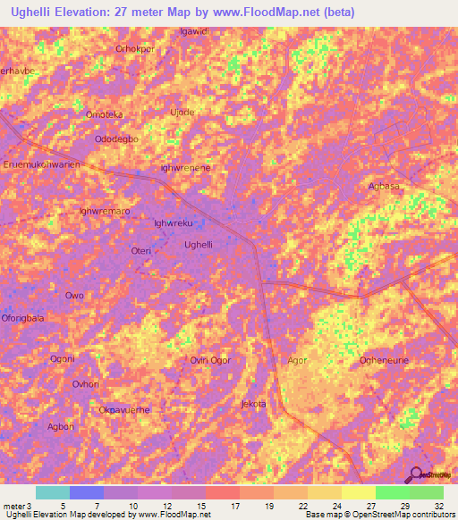 Ughelli,Nigeria Elevation Map