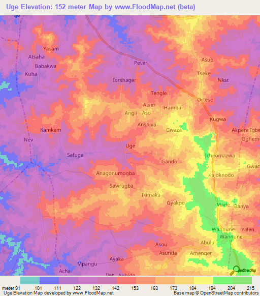 Uge,Nigeria Elevation Map