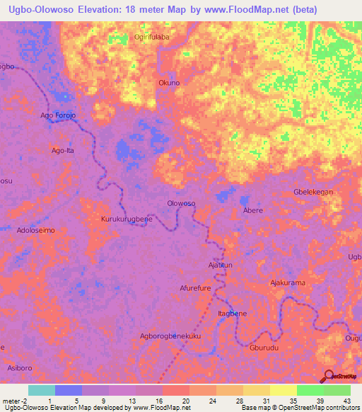 Ugbo-Olowoso,Nigeria Elevation Map