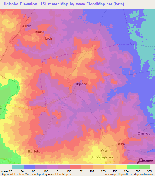 Ugboha,Nigeria Elevation Map