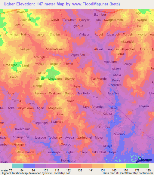 Ugber,Nigeria Elevation Map