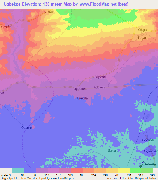 Ugbekpe,Nigeria Elevation Map