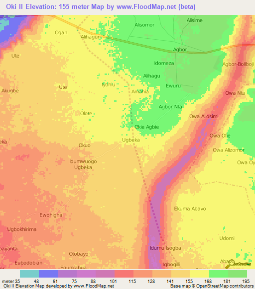 Oki II,Nigeria Elevation Map