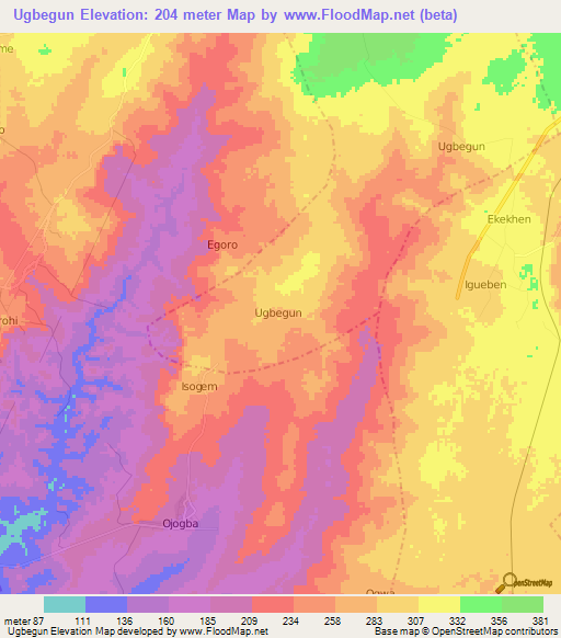 Ugbegun,Nigeria Elevation Map