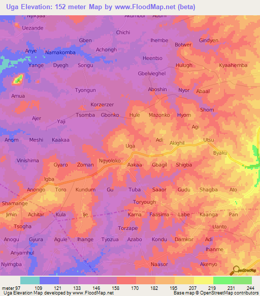 Uga,Nigeria Elevation Map