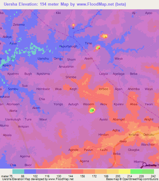 Uersha,Nigeria Elevation Map