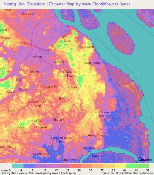 Udung Uko,Nigeria Elevation Map