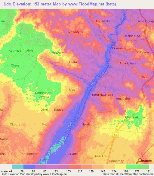 Udo,Nigeria Elevation Map